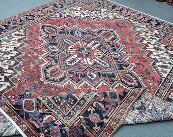 7'5''x8'3'' Vintage Heriz Rug: 7x8 Square Turkish Rug, Semi Antique Hand-Woven Wool Carpet