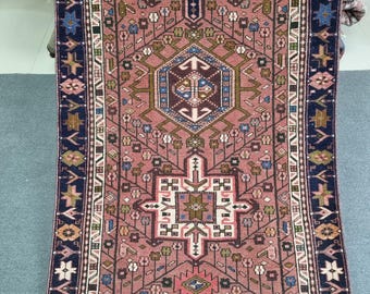 3x14 Antique Heriz Runner Rug: 3'2''x14'3'' Coral-Pink,Blue  Stair Vintage RunnerCarpet