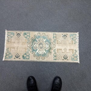 Antique 1x3 Carpet(1.4x3.2 ft),Vintage Turkish Small Rug,Anatolian Pillow Rug,Lovely Yastik Rug, 2x3 Bath Mat Rug,Entry Decor Green Carpet