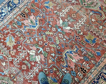 7&#39;5&#39;&#39;x10&#39;4&#39;&#39; Antique Heriz Rug, 7x10 Red-Blue Heriz Rug, 8x10 Living Room Heriz Rug, 1900&#39;s Floral Heriz Rug, 8x10 Wool Hand Woven Heriz Rug