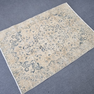 Vintage Heriz Rug: 6.9 x 4.9 ft, Blue Persian Carpet, Low Pile Wool