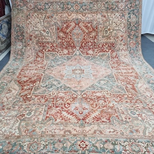 10x13 Antique Heriz Rug, 10&#39;3&#39;&#39;x13&#39; Vintage Persian Heriz Rug, 10x13 Area Rug, Large Living Room Heriz Rug, 10x13 Red-Green Color Heriz Rug