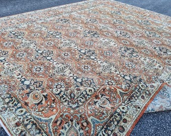 10'4''x13'5'' Antique Azerbaijan Heriz Rug: 10x13  Wool Rug Coral-Orange,Blue & Green Colors Carpet