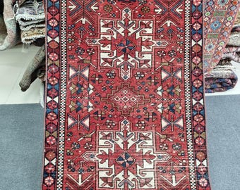 2'5''x8' Vintage Heriz Runner Rug: 2x8 ft Low Pile Red-Blue Wool Turkish Rug 1940s.