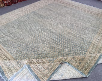 8'x10' Antique Turkish Rug : 8x10 Vintage Neutral Area Carpet 1940s Blue-Beige Colors
