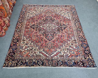 Antique Heriz Rug 7&#39;7&#39;&#39;x9&#39;4&#39;&#39;: Hand Woven Red-Peach Wool Persian Carpet