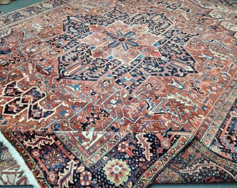 12x15 Azerbaijan Heriz Rug, 11'7''x14'11'' Red-Blue Oversized Vintage Carpet 1950s