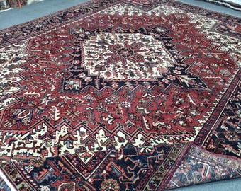 9x11 Vintage Azerbaijan Heriz Rug: Large Area Wool Rug, 8'6"×11'5" Hand Woven Antique Carpet