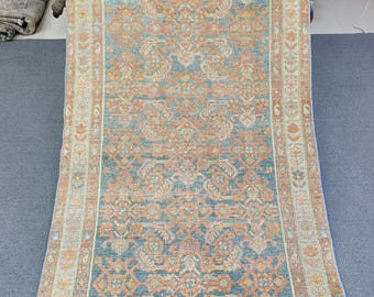 3'3''x13'5'' Antique Wool Runner Rug, 3x13 Vintage Blue Turkish Hallway Carpet Runners