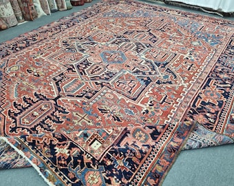 9'6''x12'5'' Antique Heriz Rug - 10x12 Hand Woven Wool Medallion Vintage Carpet