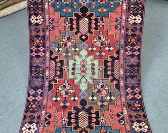 3x10 Vintage Azerbaijan Heriz Runner Rug: 3'3''x10' Red-Blue-Green Entry Decor Carpet