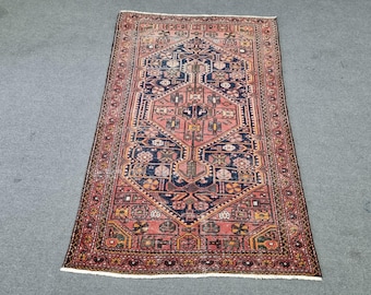 4x6 Vintage Wool Rug: 4'2''x6'6'' Coral-Peach-Blue-Green Medium Size Hand-Woven Carpet