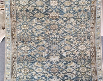 3x10 Antique Heriz Wool Runner Rug: 3'3''x10'3'' Blue Color Turkish Tribal Hallway Runner Carpet