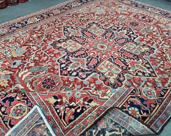 8'8''x10'8'' Vintage Heriz Rug: 9x11 Hand-Woven Wool, Vegetable Dyes Carpet