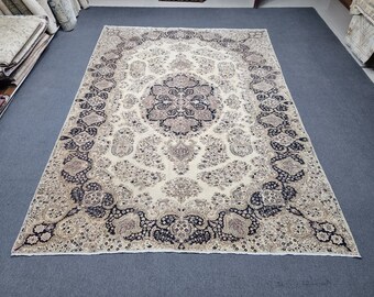 Vintage Turkish Oushak Rug: 11'6''x7'10'' Neutral Wool Handmade Carpet