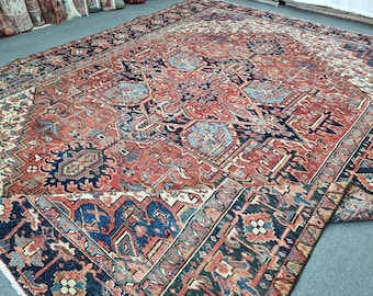 9'2''x11'7'' Antique Heriz Rug: 1930s Turkish Carpet, 9x12 Vegetable Dyes Tribal Rug