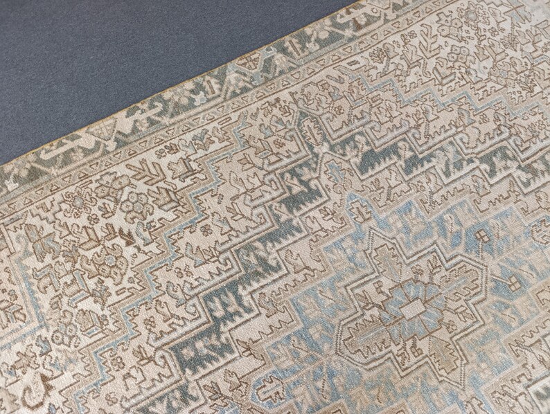 May include: Close-up of a beige and blue patterned rug. The rug features a detailed geometric design with a central medallion and border. The color palette includes beige, blue, and brown tones, creating a vintage aesthetic.