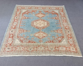 7'1''x7'1'' Antique Square Turkish Rug: 7x7 Vintage Blue Square Home Living Floor Carpet