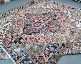 8'2''x9' Antique Azerbaijan Heriz Rug: 8x9 Hand Woven Blue-Peach Wool Vintage Carpet
