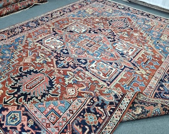 8x11 Antique Heriz Rug: 7'8"x10'7'' Hand-Woven Wool Vintage Medallion Blue Turkish Rug 1920s