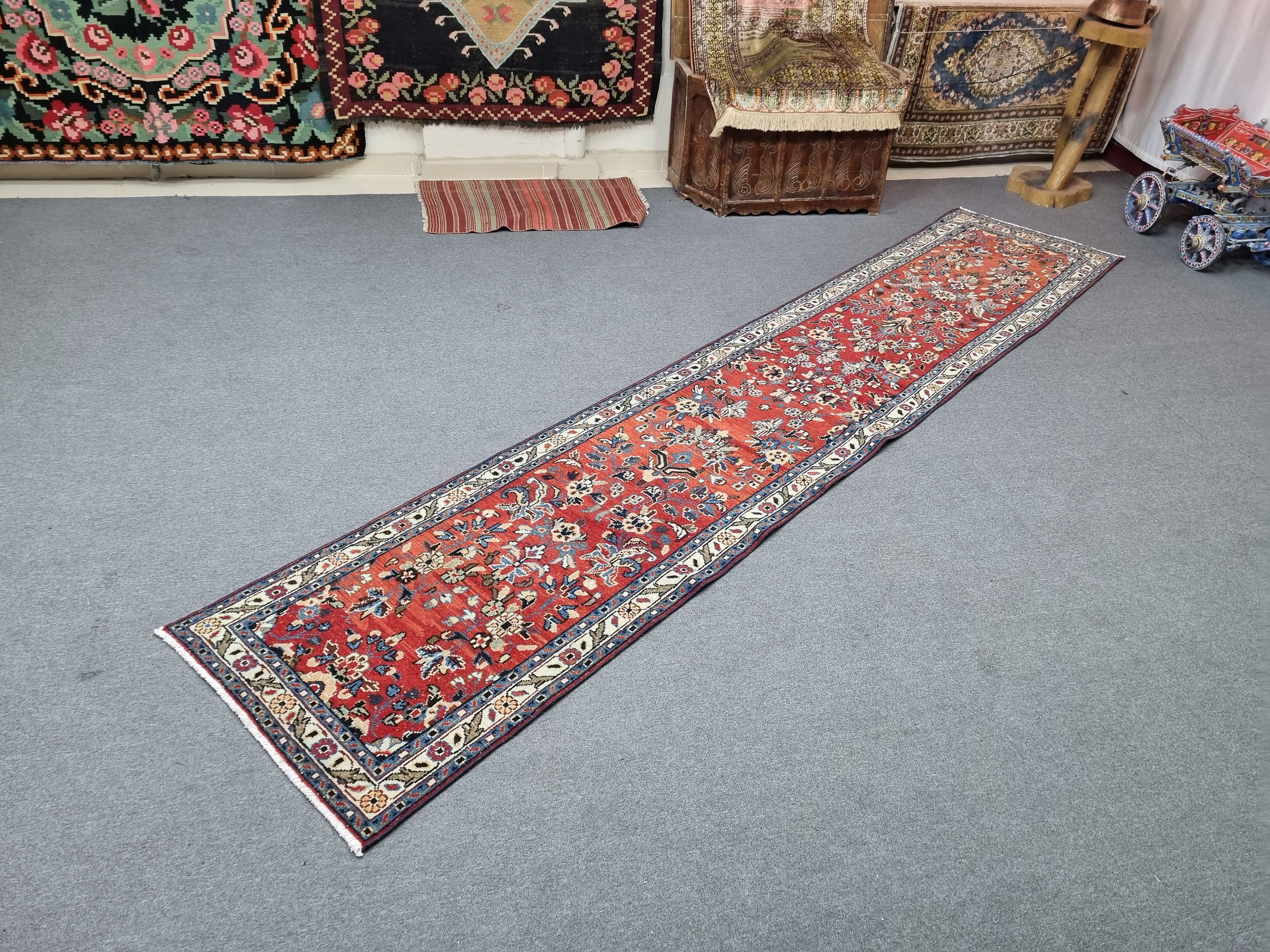 Antique Kurdish Wool Runner Rug: 2.6x12.9 ft Red Hallway Rug