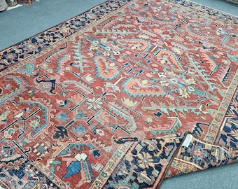 6'7''x10'5'' Antique Heriz Rug : Hand-Woven Wool Floral Rug, 7x10 Blue Vintage HerizCarpet