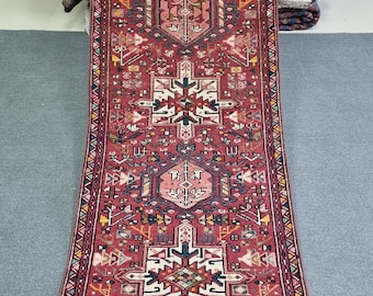 3x14 Antique Heriz Runner Rug: 2'7''x13'6'' Red-Blue  Stair Vintage RunnerCarpet
