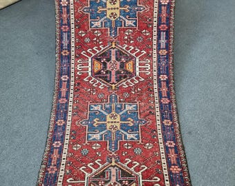 3x10 Antique Azerbaijan Heriz Wool Runner Rug: 2'9''x10'4'' Red Color Tribal Hallway Runner Carpet