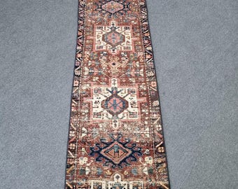 2x7 Antique Heriz Runner Rug: 1'11''x6'10'' Rust-Blue Vintage Hallway RugRunner
