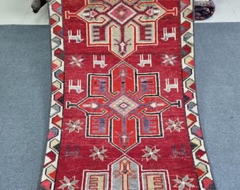 2'9''x13'8'' Antique Turkish Runner Rug: 3x14 Low Pile Medallion Design Stair Carpet