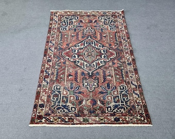 4x6 Vintage Wool Rug: 4'3''x6'5'' Coral-Peach-Blue-Green Medium Size Hand-Woven Carpet