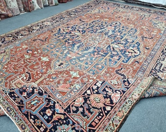 9x13 Antique Heriz Rug: 8'6''x12'10'' Red-Blue Large Medallion Wool Area Rug