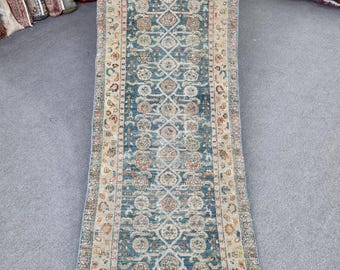 2'6''x16'3'' Antique Boteh Wool Runner Rug, 3x16 Blue Skinny Turkish Hallway CarpetRunners