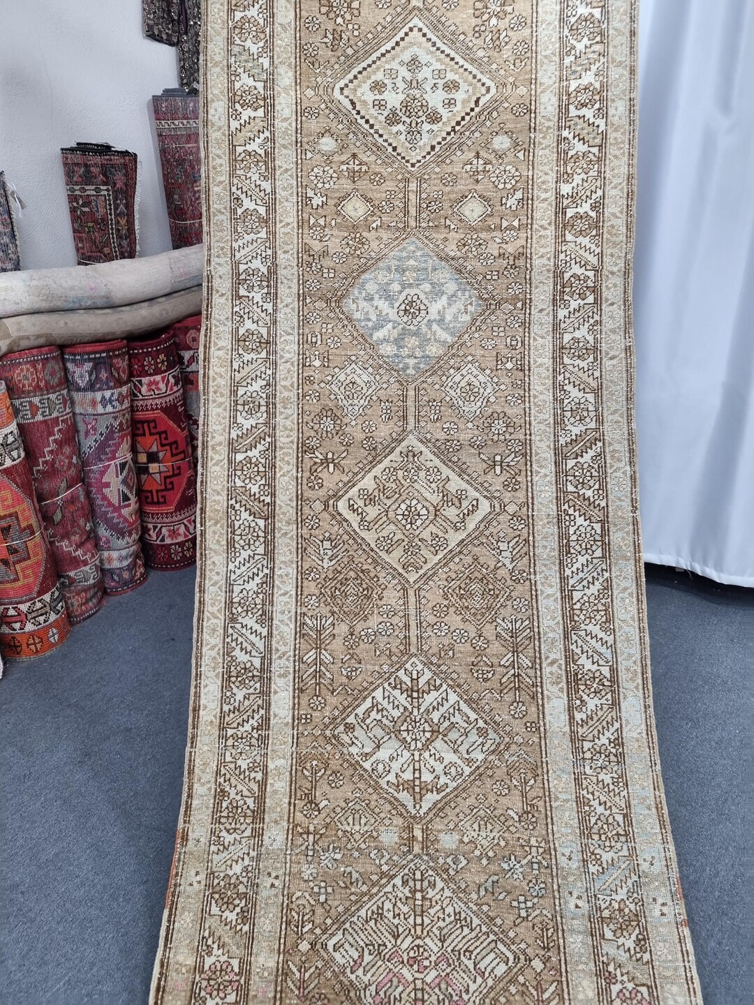 3'3''x15'2'' Vintage Azerbaijan Runner Rug: 3x15 Organic Wool Beige ...