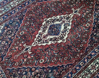 8x10 Antique Heriz Rug : 7.7x10 ft Red-Blue Azerbaijan Wool Carpet