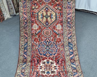 3x14 Antique Heriz Runner Rug: 3'3''x14'3'' Red-Blue Stair Vintage RunnerCarpet