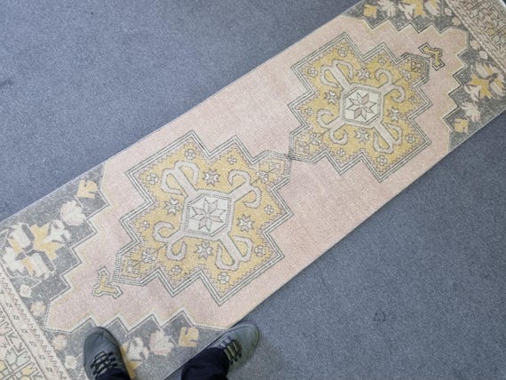 Antique Oushak Runner Rug: 2'7"x8'10" Pink-Gray Medallion Hallway Rug