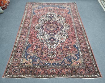7'x10'5'' Antique Heriz Rug : Hand-Woven Wool Turkish Rug, 7x10 Peach - Blue Vintage Carpet
