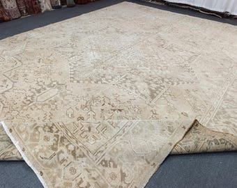 9x12 Vintage Heriz Rug: 9'x11'6'' Large Neutral Colors Turkish Wool Area Rug