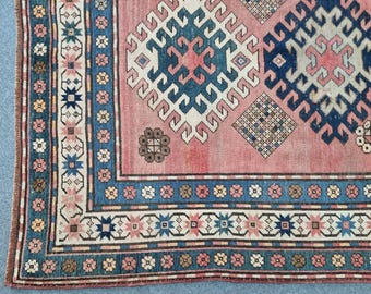 1880s Antique Caucasian Ru ; 4'2''x7'9'' Vintage Home Decor Wool Area Carpet