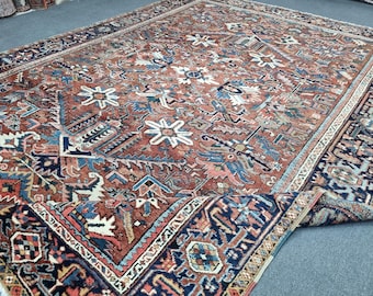7'6''x10' Vintage Heriz Rug: 8x10 Floral Design Vegetable Dyes Antique Bedroom Carpet