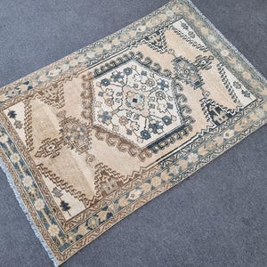 Antique 3x5 Neutral Color Persian Rug(3.3x4.10 ft)Farmhouse Decor Neutral Rug,3x5 Low Pile Home Decor Blue Color Rug,3x5 Wool Persian Carpet