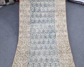 3'x16'3'' Antique Boteh Wool Runner Rug, 3x16 Beige-Blue Skinny Turkish Hallway Carpet Runners
