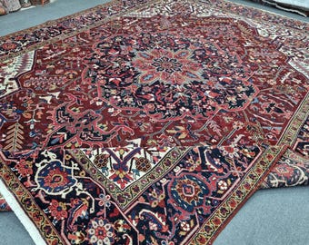10x13 Antique Azerbaijan Heriz Rug: Hand-Woven Vintage Wool Rug, 9'7''x12'8'' Blue/Rust-Red Carpet 1950s