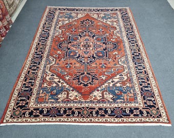 7'7''x10'3'' Vintage Heriz Rug : 8x10 Handwoven Azerbaijan Wool Area Rug