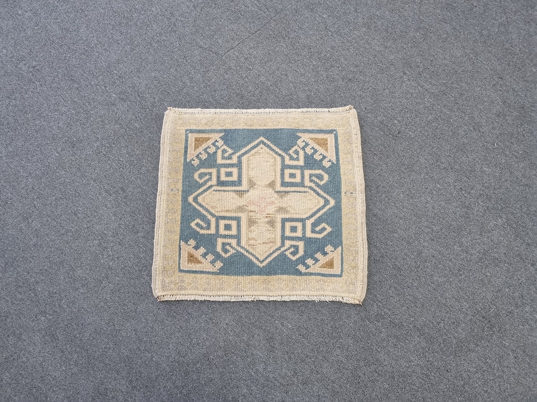 Oushak 2x2 Mat,low Pile Small Rug,vintage Yastik,2x2 Blue Color Small ...