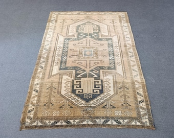4'11''x6'10'' Antique Kars Rug: 5x7  Wool  Beige-Turquoise Colors Vintage Carpet