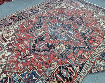 6x9 Antique Heriz Rug: 6'5''x9'3'' Vintage Turkish Carpet, Hand-Woven Wool