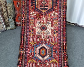 2'5''x9' Vintage Heriz Runner Rug: 2x9 ft Azerbaijan Red-Blue-Yellow Hallway RunnerCarpet