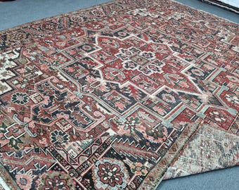 8'6''x11'6'' Antique Heriz Rug 9x12: Large Turkish Wool Rug, Rust-Gray Colors Vintage Carpet